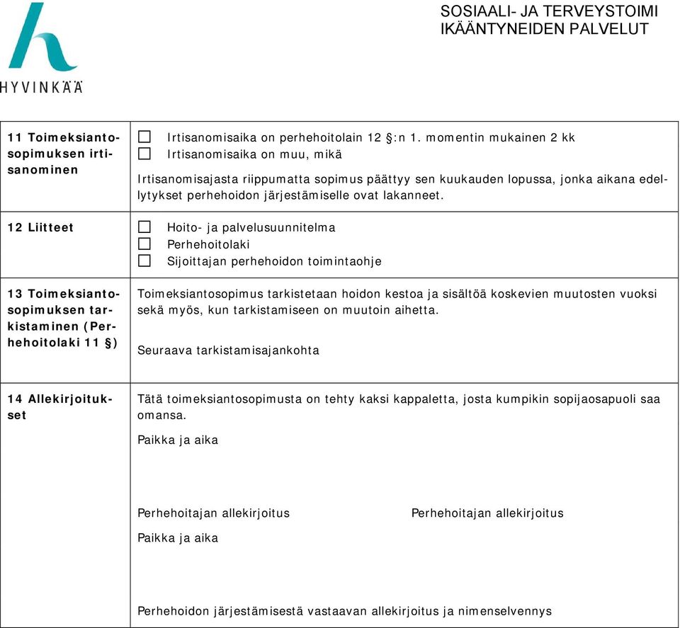 12 Liitteet Hoito- ja palvelusuunnitelma Perhehoitolaki Sijoittajan perhehoidon toimintaohje 13 Toimeksiantosopimuksen tarkistaminen (Perhehoitolaki 11 ) Toimeksiantosopimus tarkistetaan hoidon