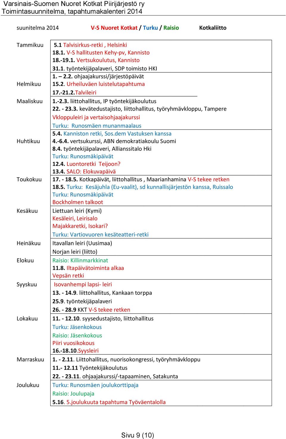 -21.2.Talvileiri 1.-2.3. liittohallitus, IP työntekijäkoulutus 22. - 23.3. kevätedustajisto, liittohallitus, työryhmävkloppu, Tampere Vkloppuleiri ja vertaisohjaajakurssi Turku: Runosmäen munanmaalaus 5.