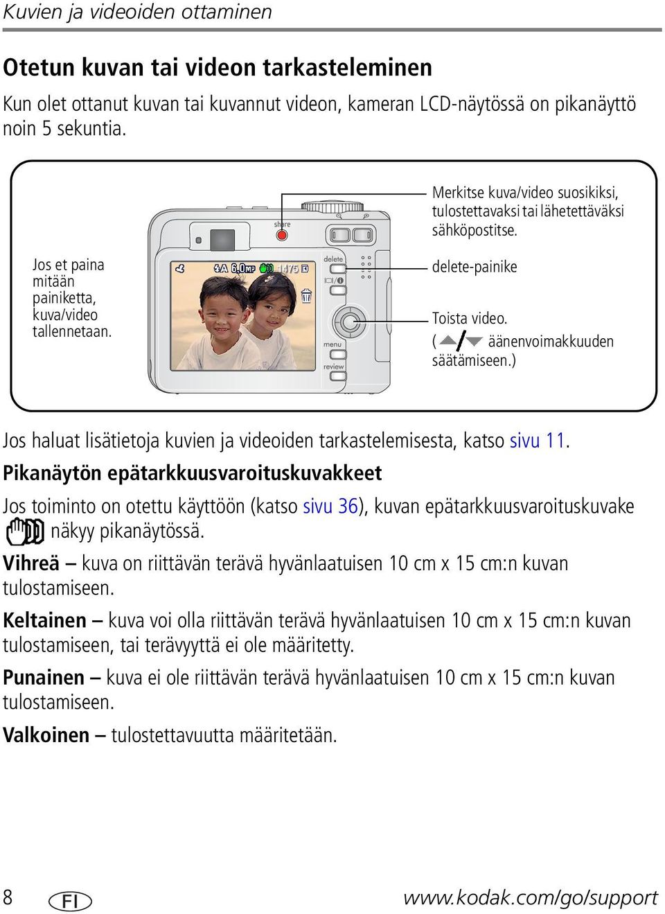 ) Jos haluat lisätietoja kuvien ja videoiden tarkastelemisesta, katso sivu 11.