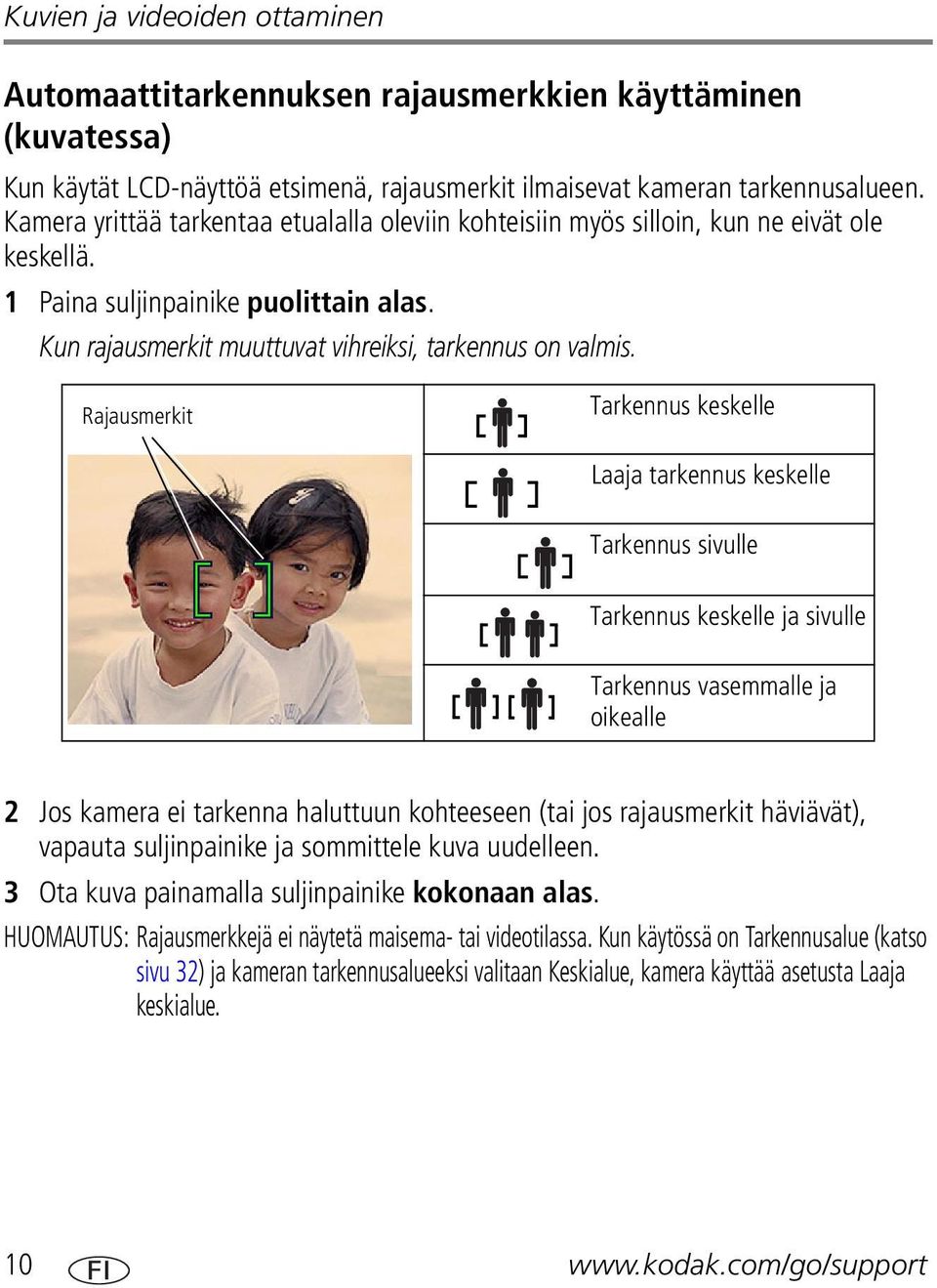 Rajausmerkit Tarkennus keskelle Laaja tarkennus keskelle Tarkennus sivulle Tarkennus keskelle ja sivulle Tarkennus vasemmalle ja oikealle 2 Jos kamera ei tarkenna haluttuun kohteeseen (tai jos