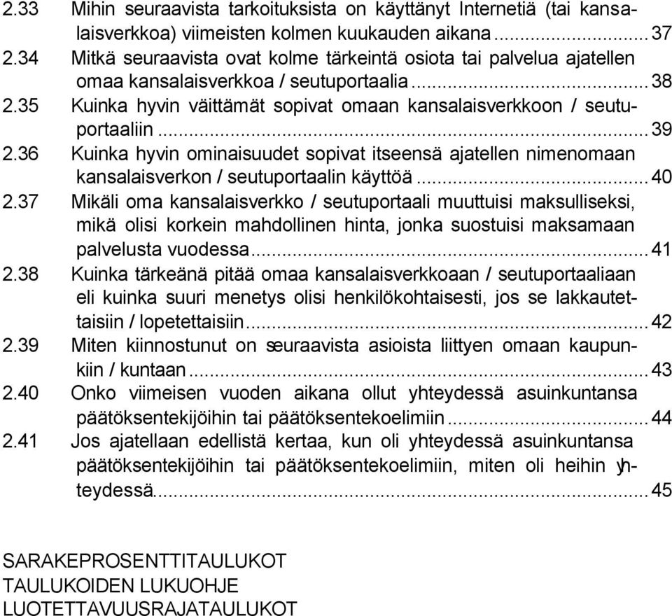 .. 39 2.36 Kuinka hyvin ominaisuudet sopivat itseensä ajatellen nimenomaan kansalaisverkon / seutuportaalin käyttöä... 40 2.