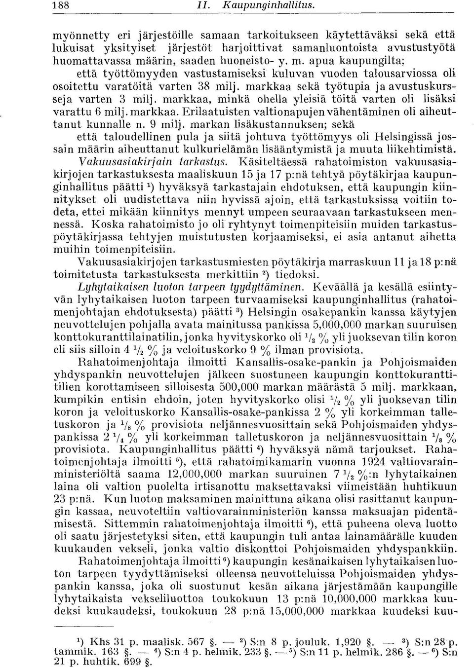 markkaa sekä työtupia ja avustuskursseja varten 3 milj. markkaa, minkä ohella yleisiä töitä varten oli lisäksi varattu 6 milj. markkaa. Erilaatuisten valtionapujen vähentäminen oli aiheuttanut kunnalle n.