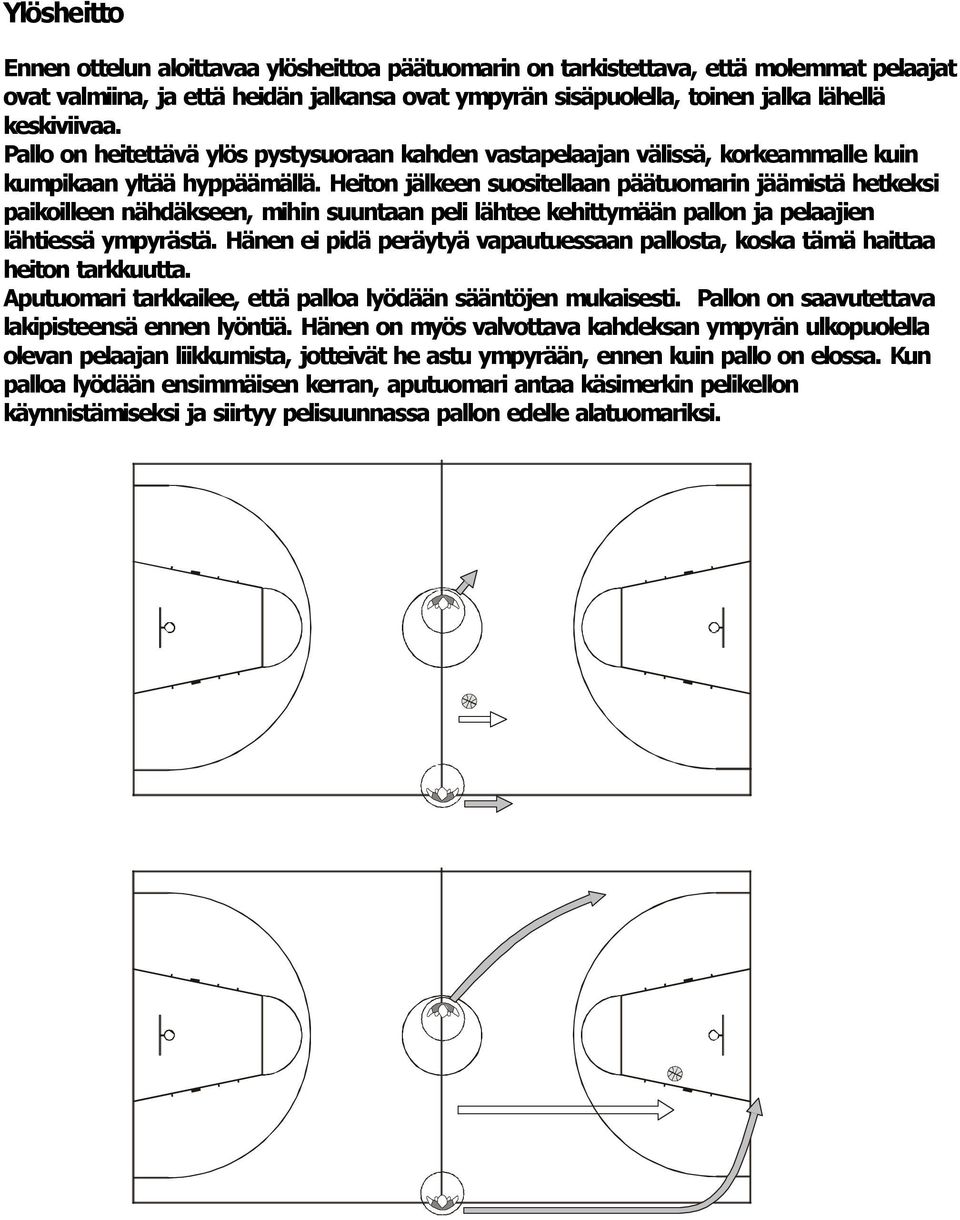 Heiton jälkeen suositellaan päätuomarin jäämistä hetkeksi paikoilleen nähdäkseen, mihin suuntaan peli lähtee kehittymään pallon ja pelaajien lähtiessä ympyrästä.