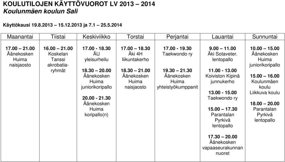 30 Taekwondo ry yhteistyökumppanit 9.00 11.00 Äki Sotaveter. 11.00-13.00 junnukerho 13.00-15.00 Taekwondo ry 15.00 17.