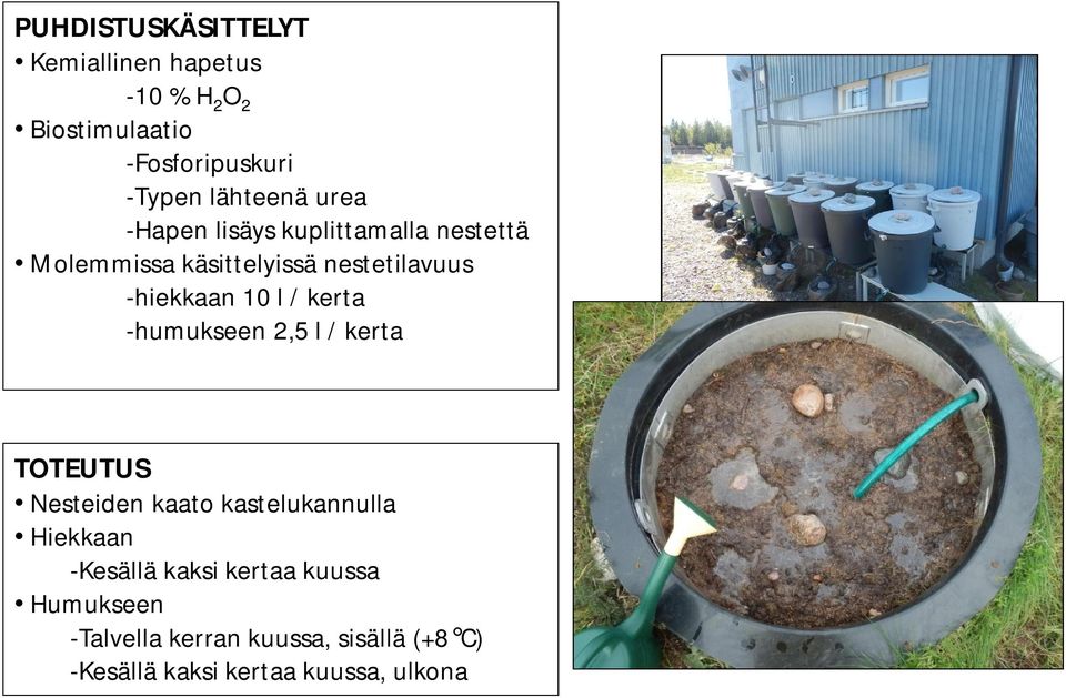 -hiekkaan 10 l / kerta -humukseen 2,5 l / kerta TOTEUTUS Nesteiden kaato kastelukannulla Hiekkaan