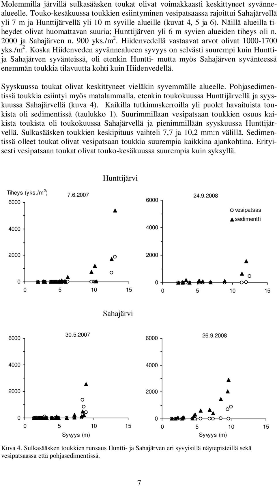 Näillä alueilla tiheydet olivat huomattavan suuria; Hunttijärven yli 6 m syvien alueiden tiheys oli n. 2 ja Sahajärven n. 9 yks./m 2.