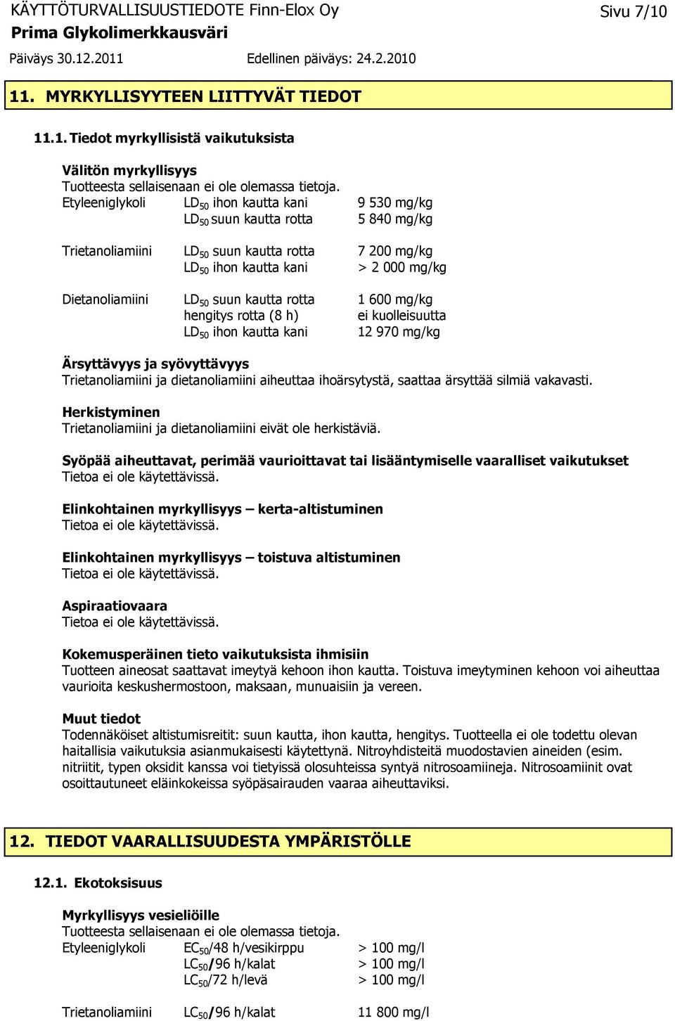 suun kautta rotta 1 600 mg/kg hengitys rotta (8 h) ei kuolleisuutta LD 50 ihon kautta kani 12 970 mg/kg Ärsyttävyys ja syövyttävyys Trietanoliamiini ja dietanoliamiini aiheuttaa ihoärsytystä, saattaa