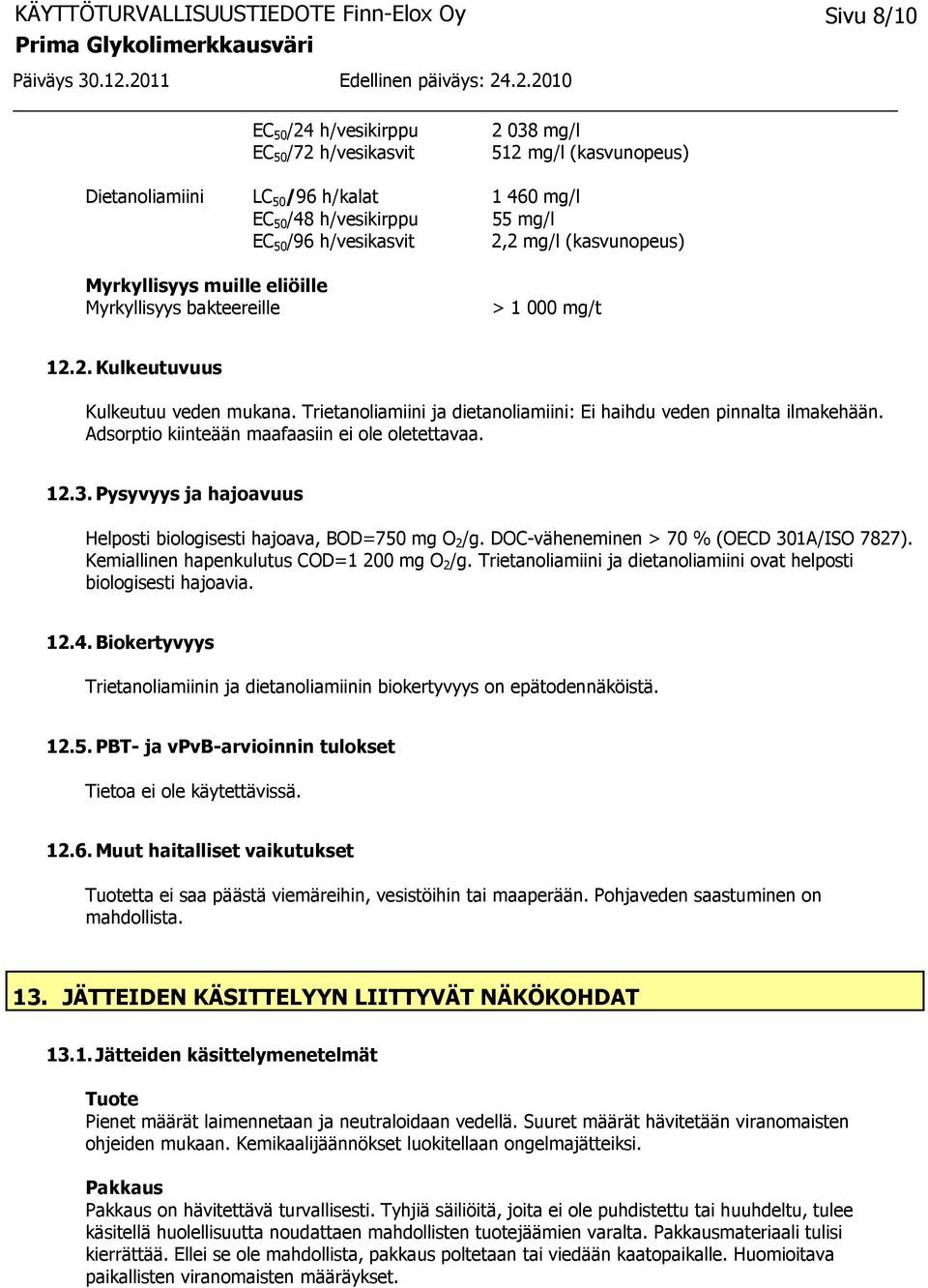 Adsorptio kiinteään maafaasiin ei ole oletettavaa. 12.3. Pysyvyys ja hajoavuus Helposti biologisesti hajoava, BOD=750 mg O 2 /g. DOC-väheneminen > 70 % (OECD 301A/ISO 7827).
