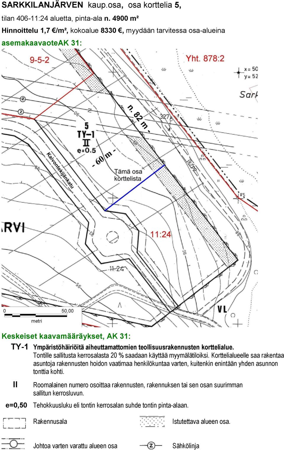 teollisuusrakennusten korttelialue. Tontille sallitusta kerrosalasta 20 % saadaan käyttää myymälätiloiksi.