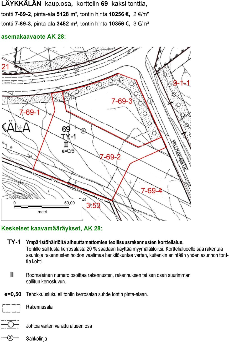 kaavamääräykset, AK 28: TY-1 Ympäristöhäiriöitä aiheuttamattomien teollisuusrakennusten korttelialue. Tontille sallitusta kerrosalasta 20 % saadaan käyttää myymälätiloiksi.