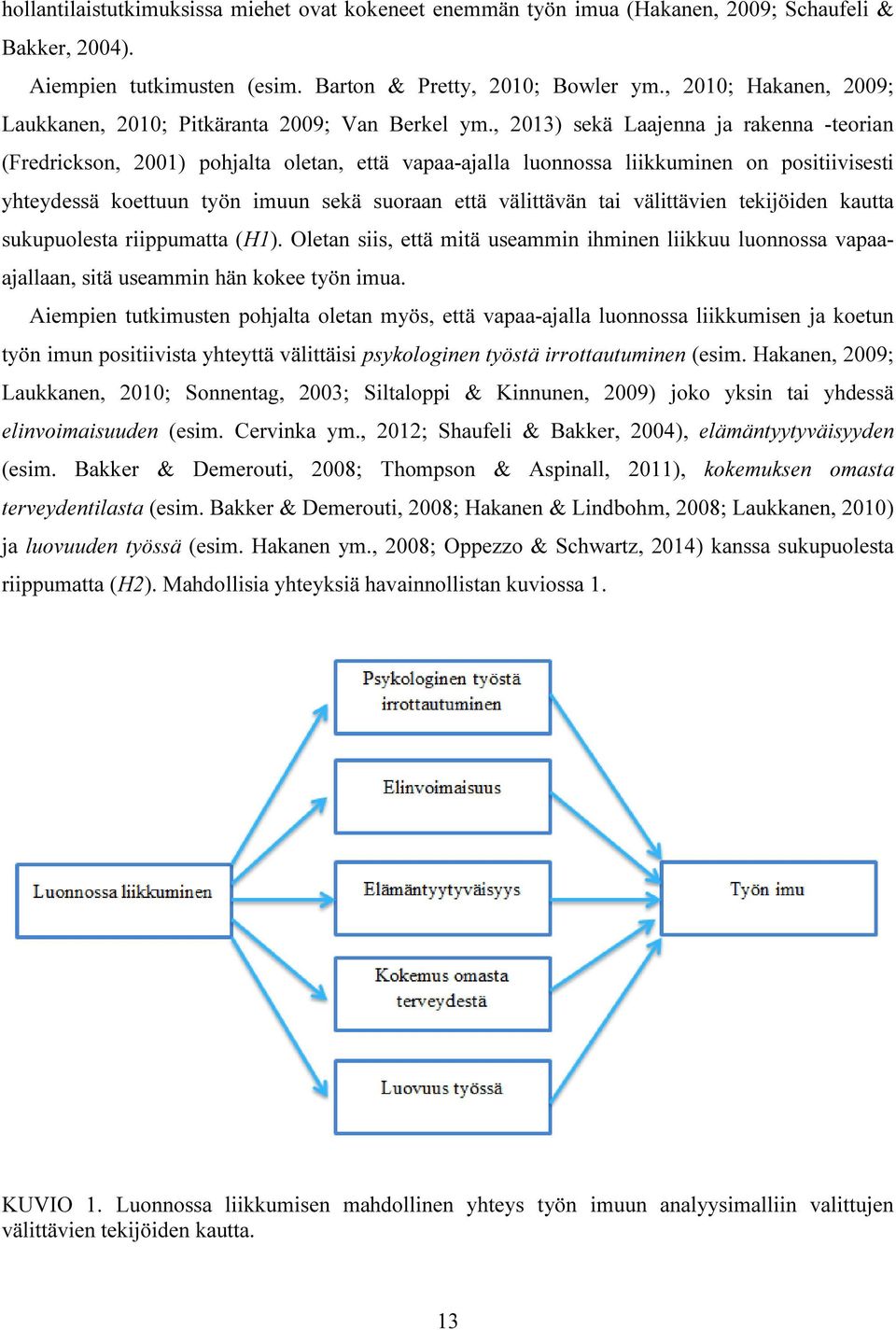 , 2013) sekä Laajenna ja rakenna -teorian (Fredrickson, 2001) pohjalta oletan, että vapaa-ajalla luonnossa liikkuminen on positiivisesti yhteydessä koettuun työn imuun sekä suoraan että välittävän