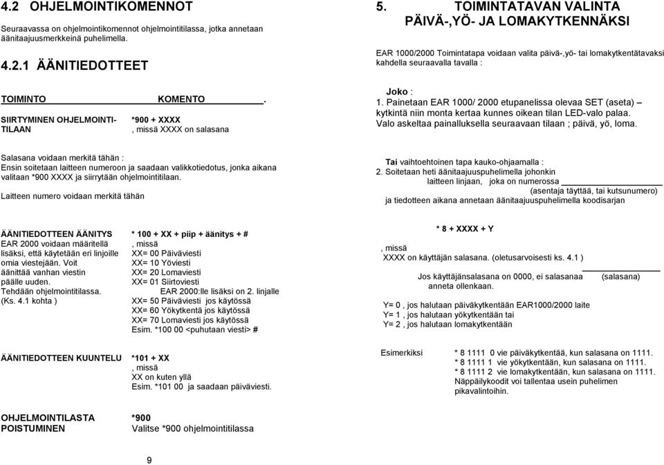 TOIMINTATAVAN VALINTA PÄIVÄ-,YÖ- JA LOMAKYTKENNÄKSI EAR 1000/2000 Toimintatapa voidaan valita päivä-,yö- tai lomakytkentätavaksi kahdella seuraavalla tavalla : Joko : 1.