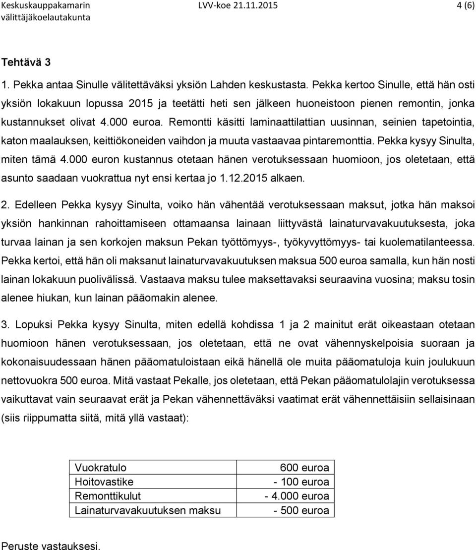 Remontti käsitti laminaattilattian uusinnan, seinien tapetointia, katon maalauksen, keittiökoneiden vaihdon ja muuta vastaavaa pintaremonttia. Pekka kysyy Sinulta, miten tämä 4.