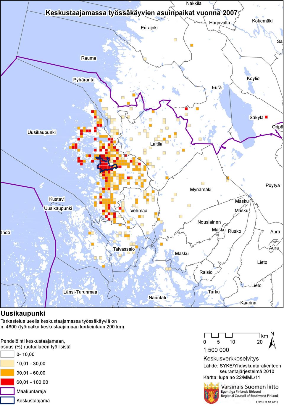 Tarkastelualueella keskustaajamassa työssäkäyviä on n.