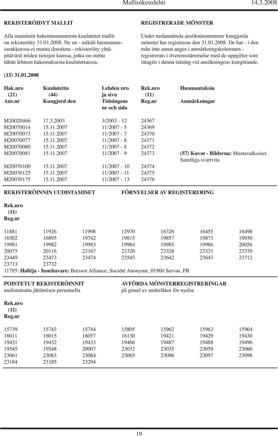 De har - i den sarakkeessa ei muuta ilmoiteta - rekisteröity yhtä- mån inte annat anges i anmärkningskolumnen - pitävästi niiden tietojen kanssa, jotka on otettu registrerats i överensstämmelse med