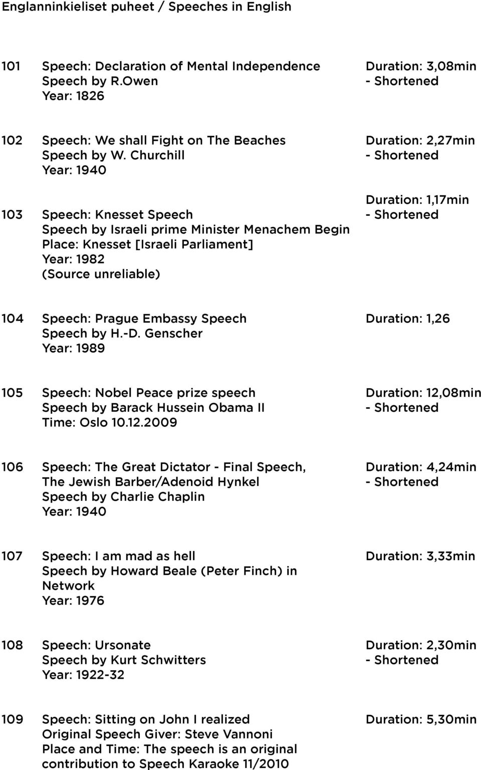 Speech: Prague Embassy Speech Speech by H.-D. Genscher Year: 1989 Duration: 1,26 105 Speech: Nobel Peace prize speech Speech by Barack Hussein Obama II Time: Oslo 10.12.