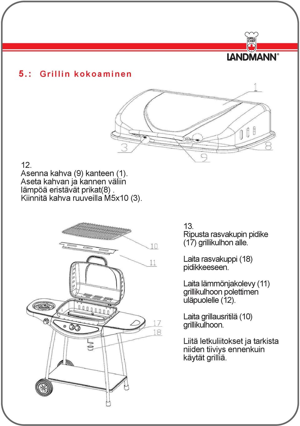 Ripusta rasvakupin pidike (17) grillikulhon alle. Laita rasvakuppi (18) pidikkeeseen.