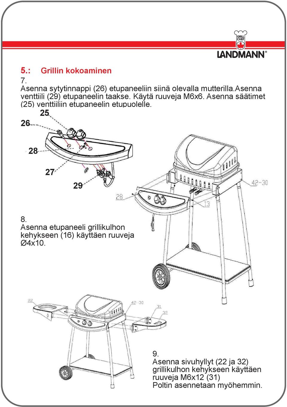 Asenna säätimet (25) venttiiliin etupaneelin etupuolelle. 25 26 28 27 29 8.