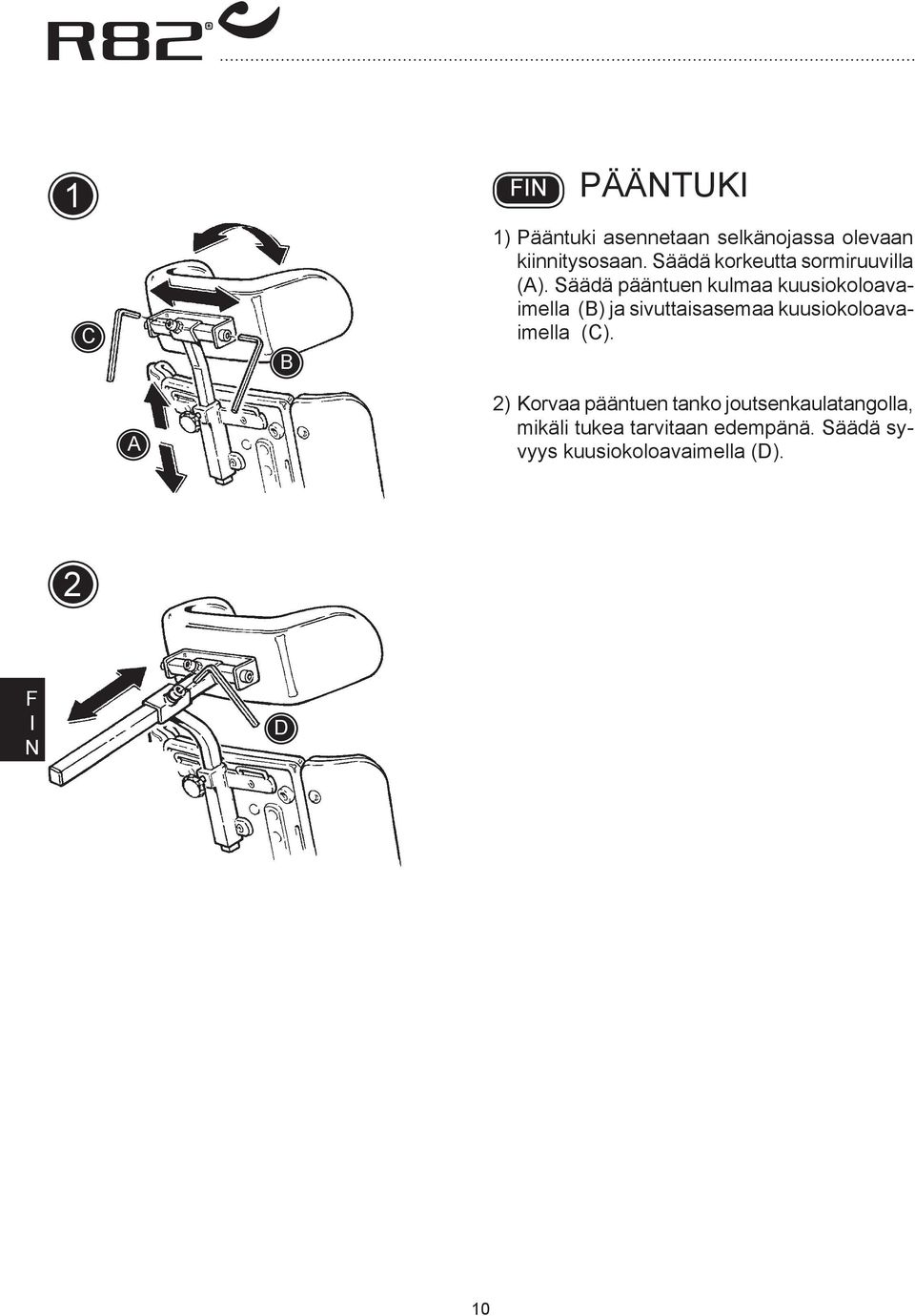 Säädä pääntuen kulmaa kuusiokoloavaimella () ja sivuttaisasemaa