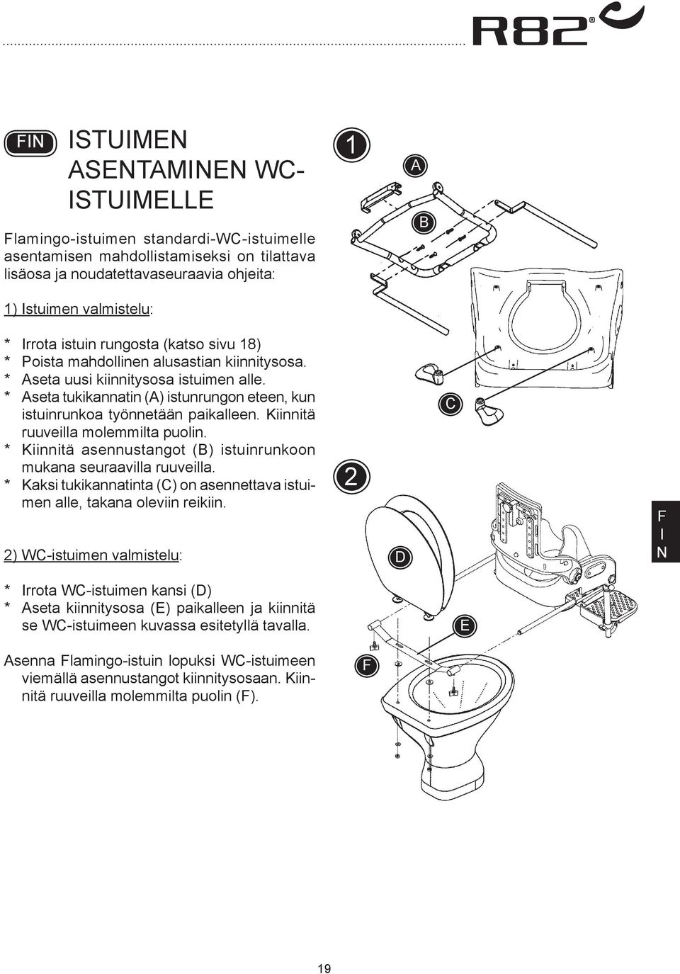 Kiinnitä ruuveilla molemmilta puolin. * Kiinnitä asennustangot () istuinrunkoon mukana seuraavilla ruuveilla. * Kaksi tukikannatinta (C) on asennettava istuimen alle, takana oleviin reikiin.