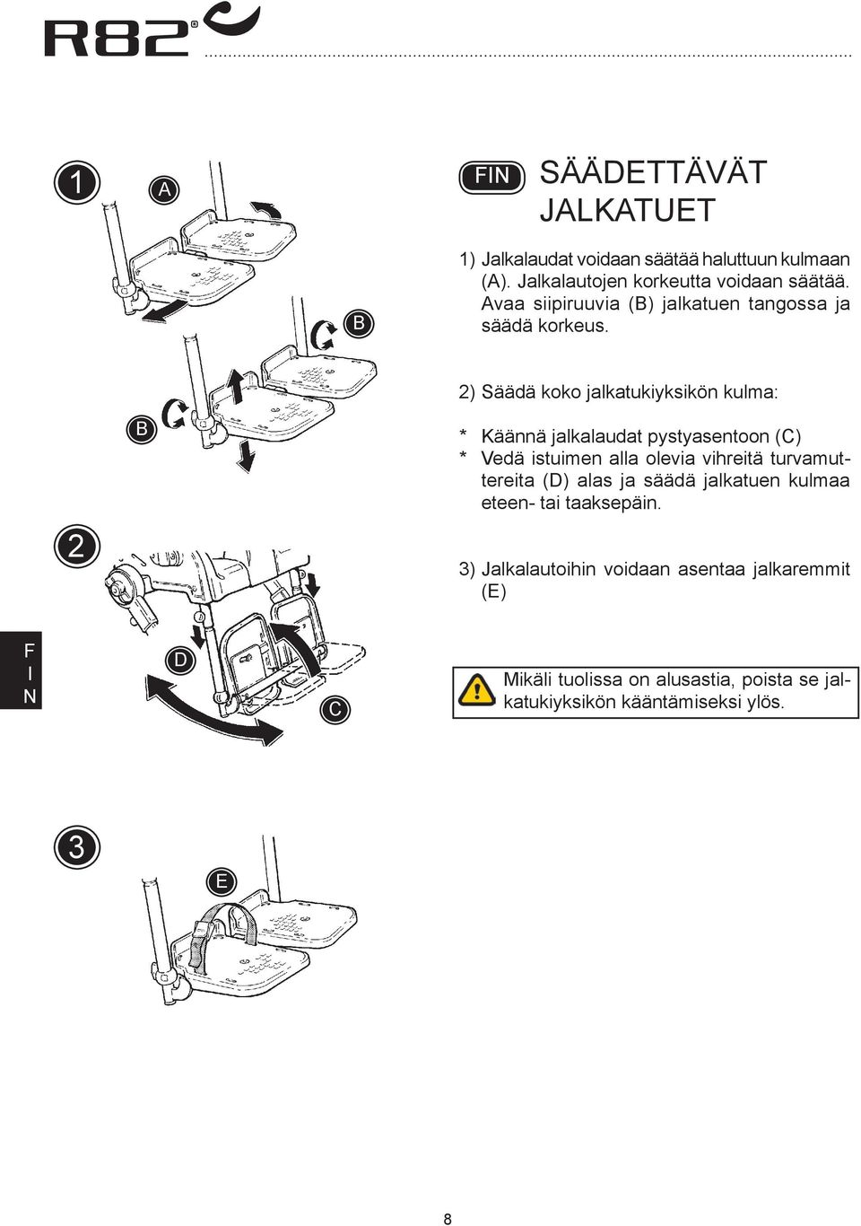 2 2) Säädä koko jalkatukiyksikön kulma: * Käännä jalkalaudat pystyasentoon (C) * Vedä istuimen alla olevia vihreitä