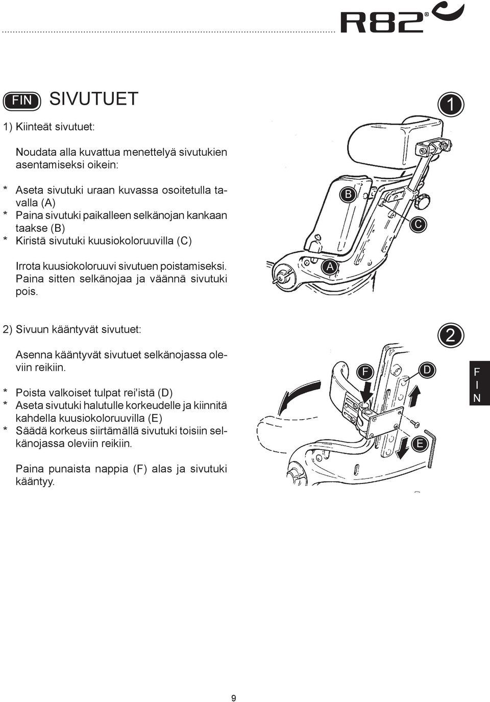 Paina sitten selkänojaa ja väännä sivutuki pois. 2) Sivuun kääntyvät sivutuet: senna kääntyvät sivutuet selkänojassa oleviin reikiin.