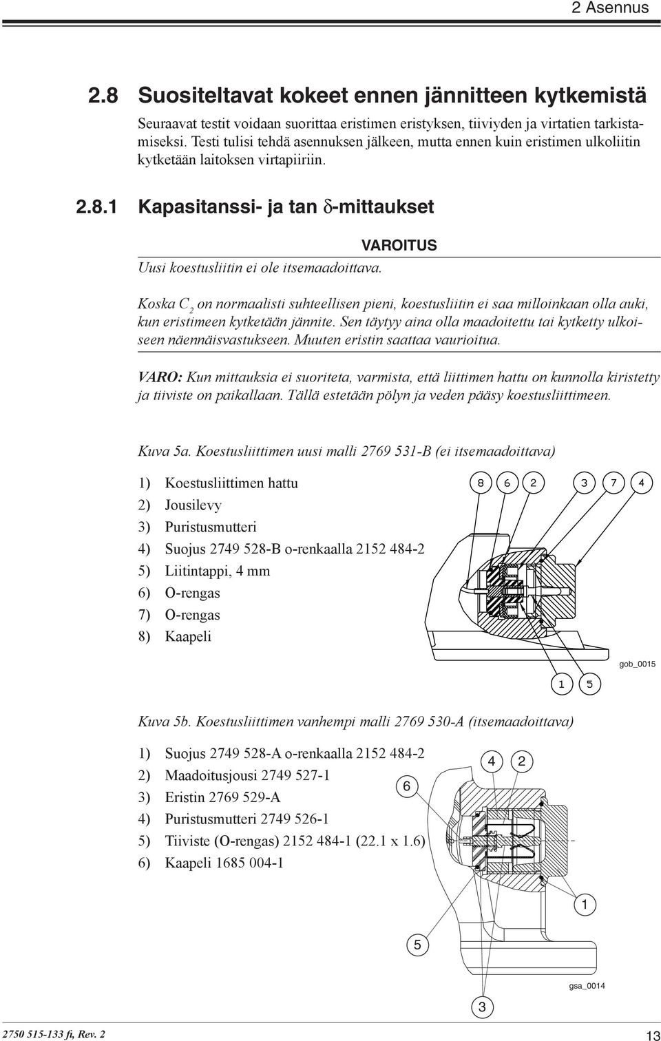 VAROITUS Koska C 2 on normaalisti suhteellisen pieni, koestusliitin ei saa milloinkaan olla auki, kun eristimeen kytketään jännite.