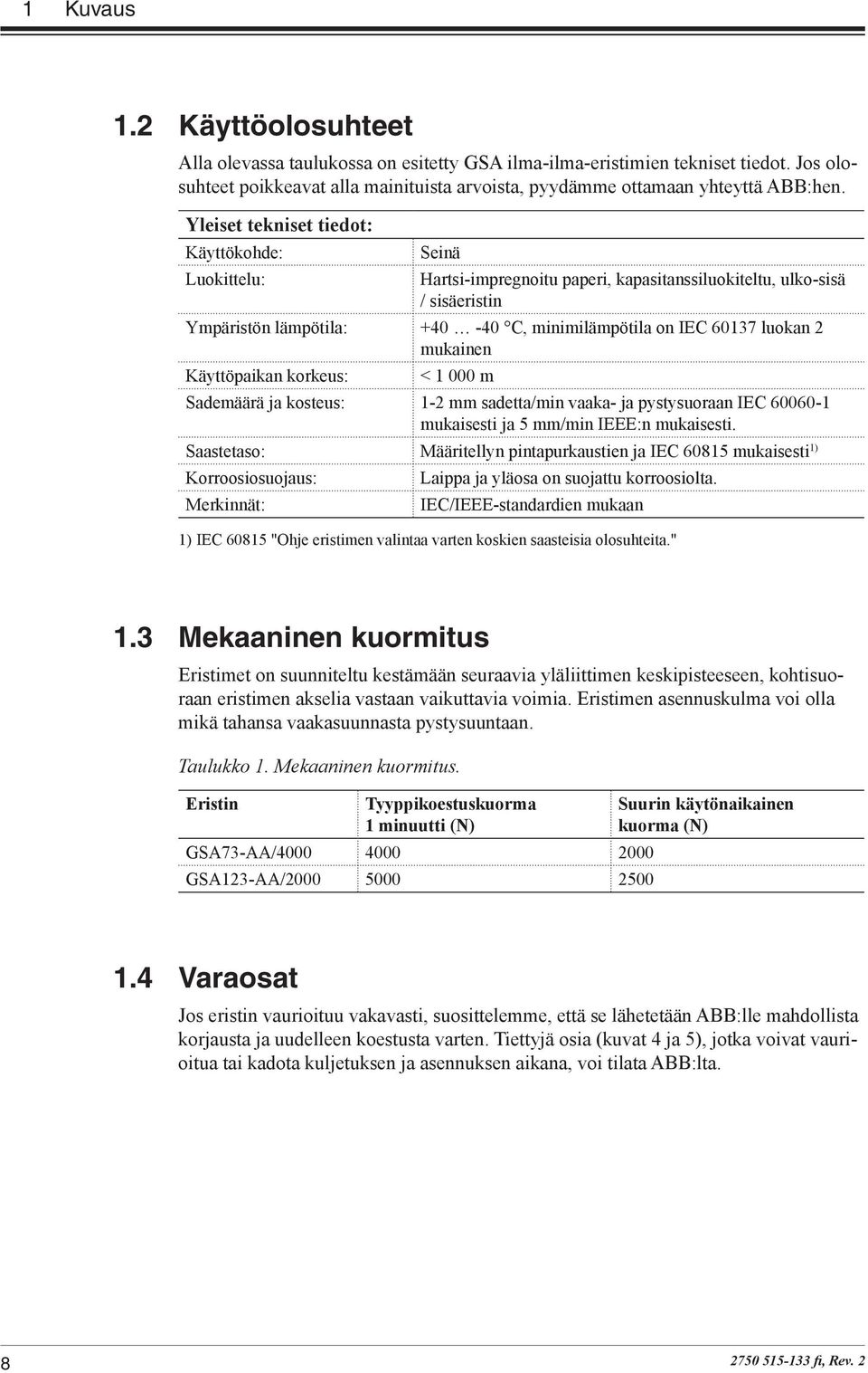 2 mukainen Käyttöpaikan korkeus: < 1 000 m Sademäärä ja kosteus: 1-2 mm sadetta/min vaaka- ja pystysuoraan IEC 60060-1 mukaisesti ja 5 mm/min IEEE:n mukaisesti.