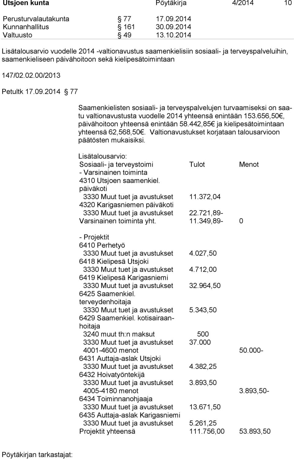 442,85 ja kielipesätoimintaan yhteensä 62,568,50. Valtionavustukset korjataan talousarvioon päätösten mukaisiksi.