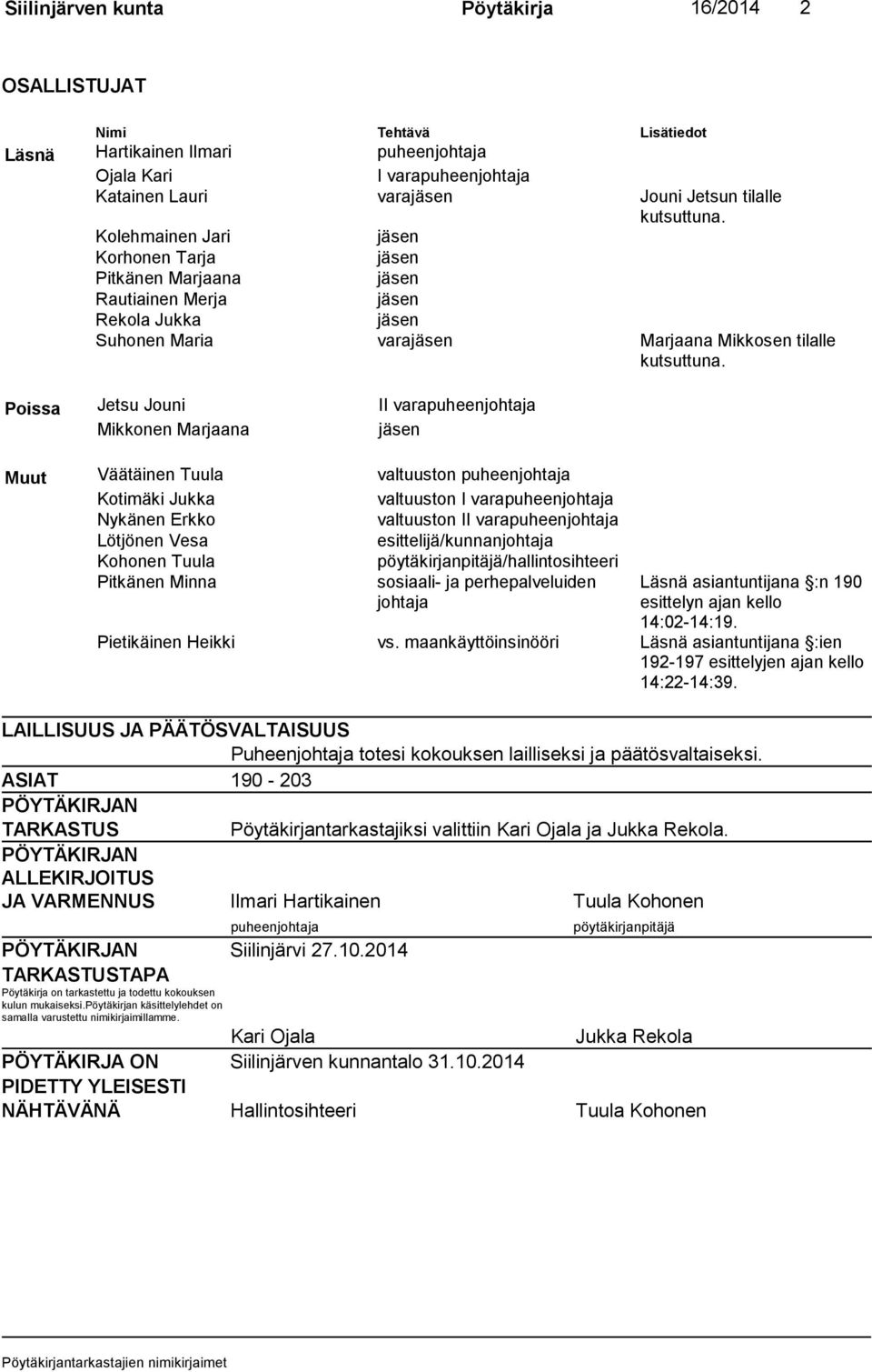 Poissa Jetsu Jouni II varapuheenjohtaja Mikkonen Marjaana jäsen Muut Väätäinen Tuula valtuuston puheenjohtaja Kotimäki Jukka valtuuston I varapuheenjohtaja Nykänen Erkko valtuuston II