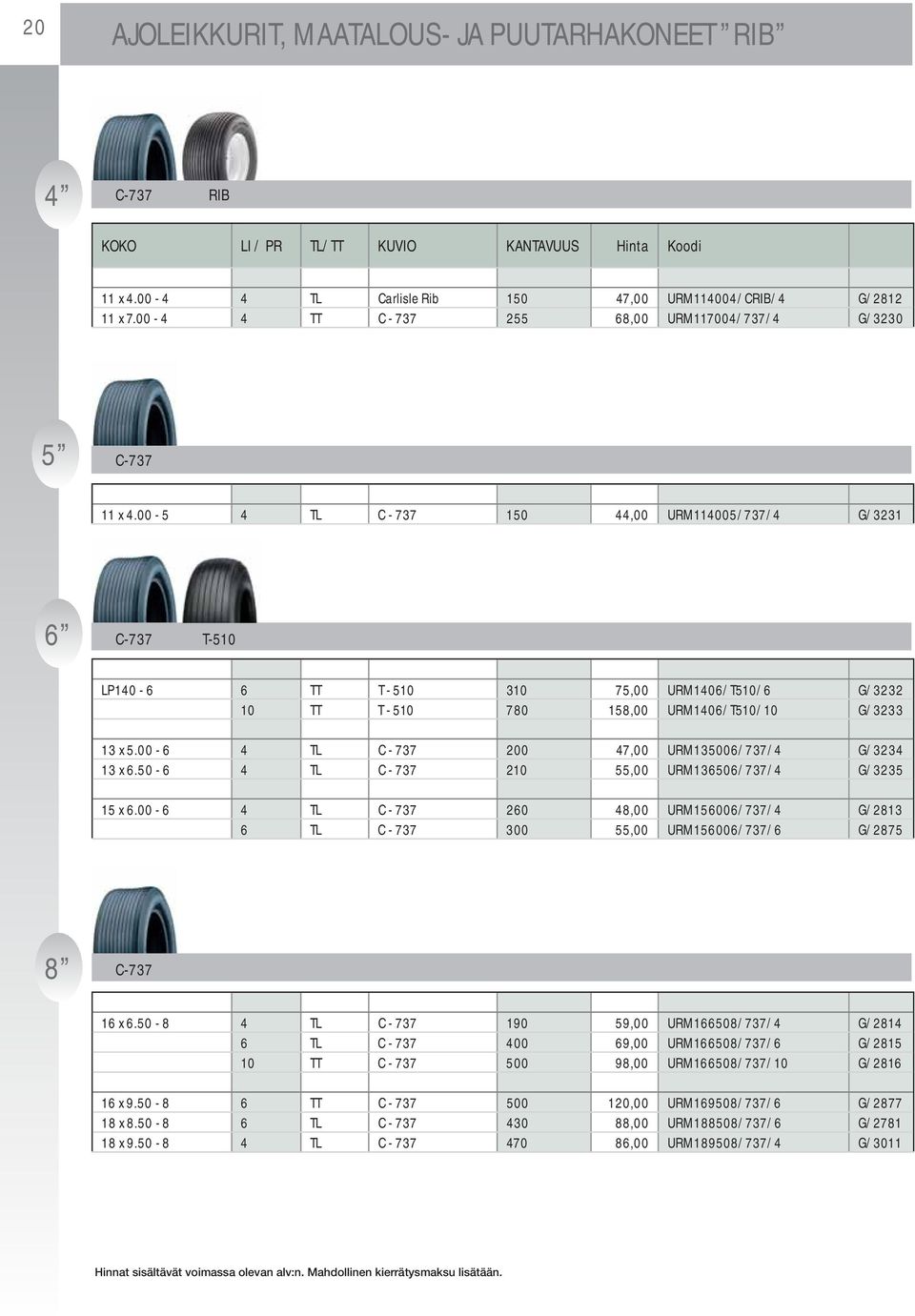 00-5 4 TL C - 737 150 44,00 URM114005/737/4 G/3231 6 C-737 T-510 LP140-6 6 TT T - 510 310 75,00 URM1406/T510/6 G/3232 10 TT T - 510 780 158,00 URM1406/T510/10 G/3233 13 x 5.