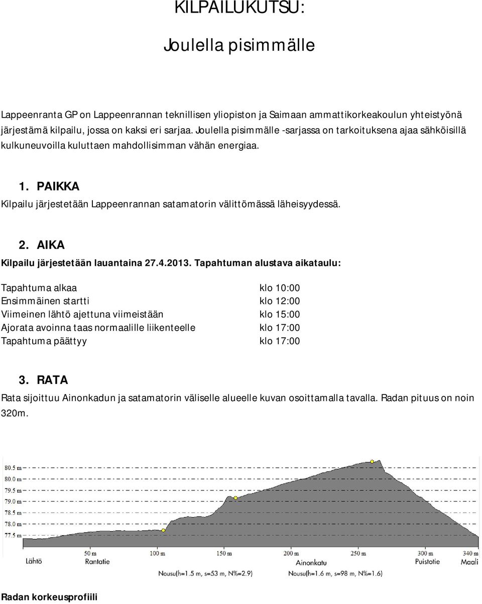 PAIKKA Kilpailu järjestetään Lappeenrannan satamatorin välittömässä läheisyydessä. 2. AIKA Kilpailu järjestetään lauantaina 27.4.2013.