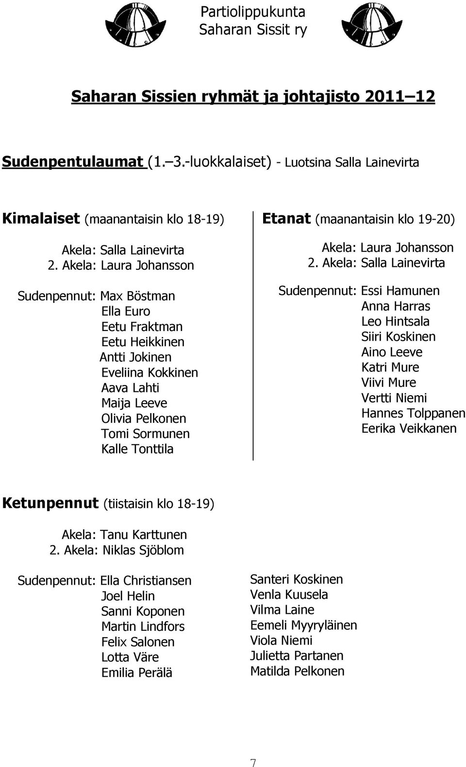 Akela: Laura Johansson Sudenpennut: Max Böstman Ella Euro Eetu Fraktman Eetu Heikkinen Antti Jokinen Eveliina Kokkinen Aava Lahti Maija Leeve Olivia Pelkonen Tomi Sormunen Kalle Tonttila Etanat