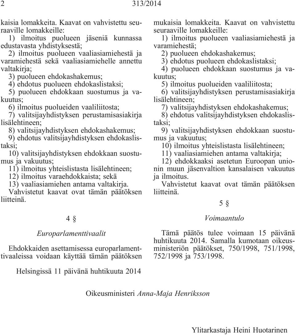 valtakirja; 3) puolueen ehdokashakemus; 4) ehdotus puolueen ehdokaslistaksi; 5) puolueen ehdokkaan suostumus ja vakuutus; 6) ilmoitus puolueiden vaaliliitosta; 7) valitsijayhdistyksen