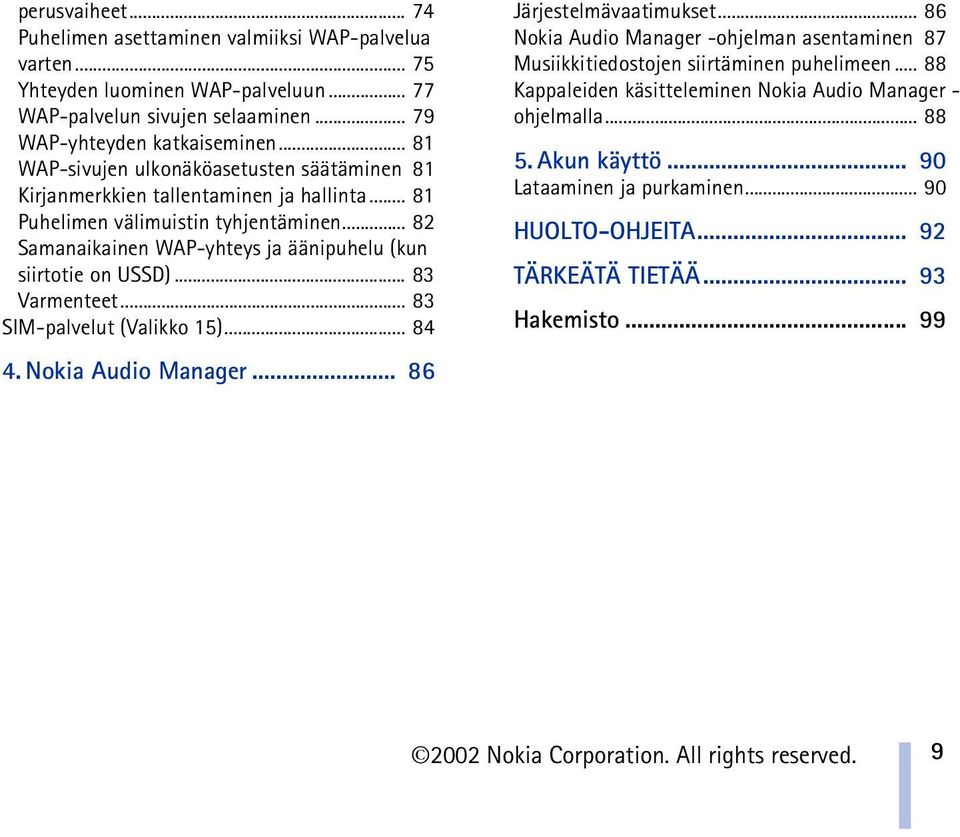 .. 83 Varmenteet... 83 SIM-palvelut (Valikko 15)... 84 Järjestelmävaatimukset... 86 Nokia Audio Manager -ohjelman asentaminen 87 Musiikkitiedostojen siirtäminen puhelimeen.