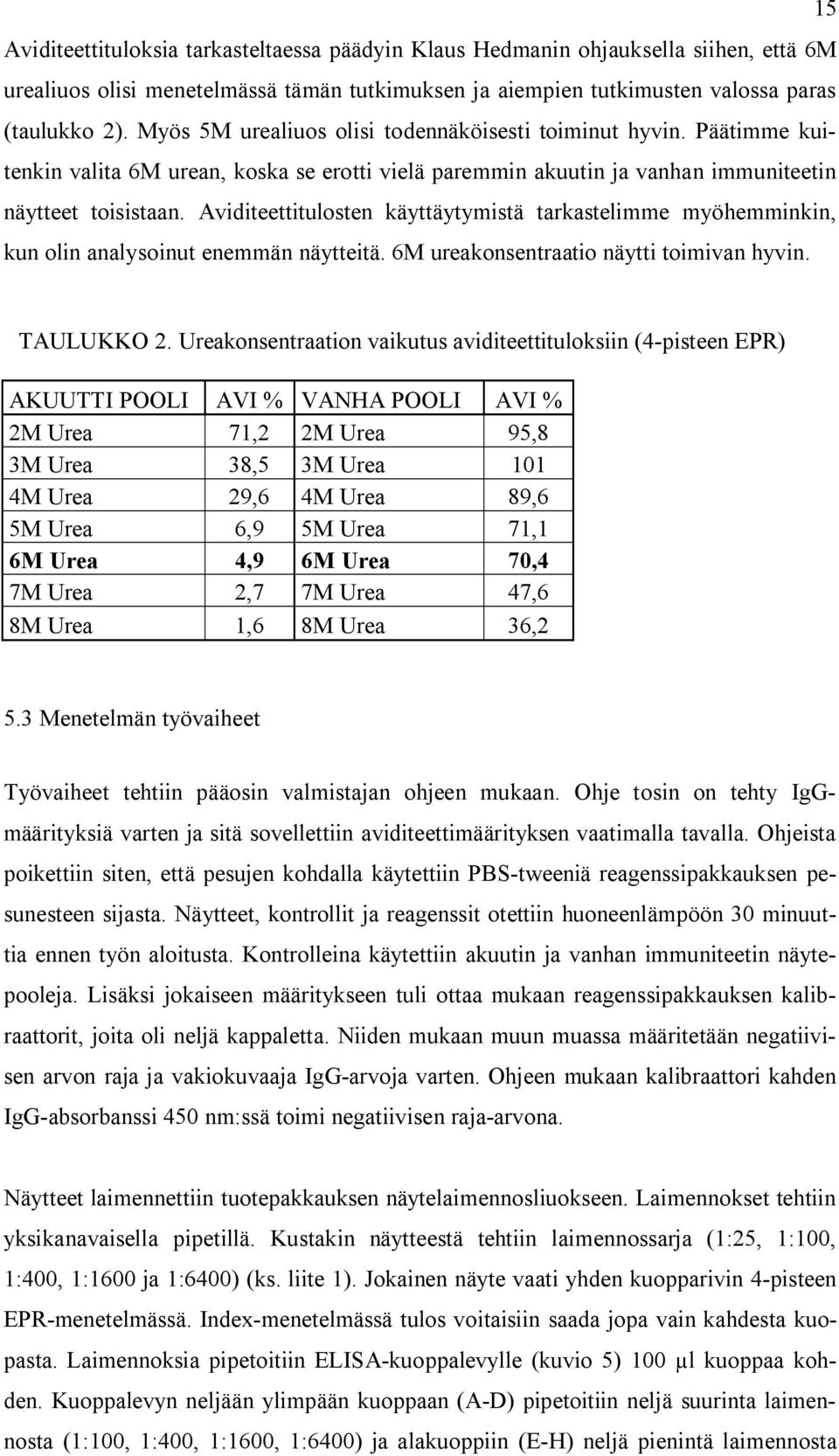 Aviditeettitulosten käyttäytymistä tarkastelimme myöhemminkin, kun olin analysoinut enemmän näytteitä. 6M ureakonsentraatio näytti toimivan hyvin. TAULUKKO 2.