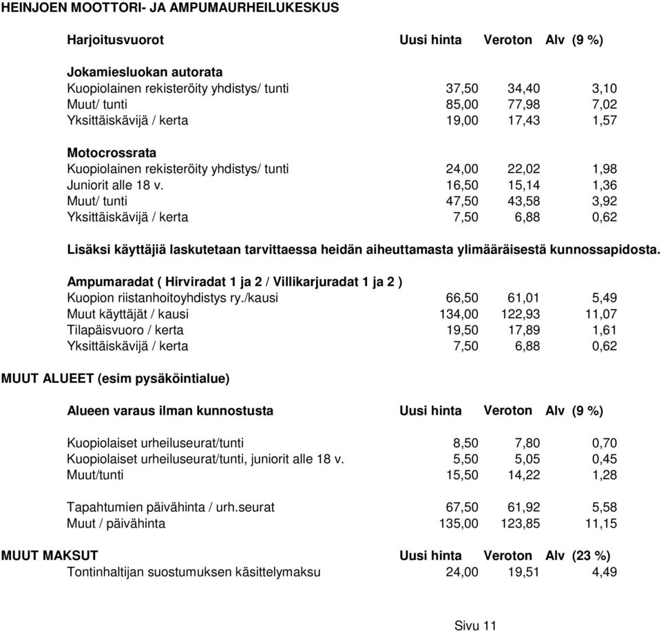 16,50 15,14 1,36 Muut/ tunti 47,50 43,58 3,92 Yksittäiskävijä / kerta 7,50 6,88 0,62 Lisäksi käyttäjiä laskutetaan tarvittaessa heidän aiheuttamasta ylimääräisestä kunnossapidosta.