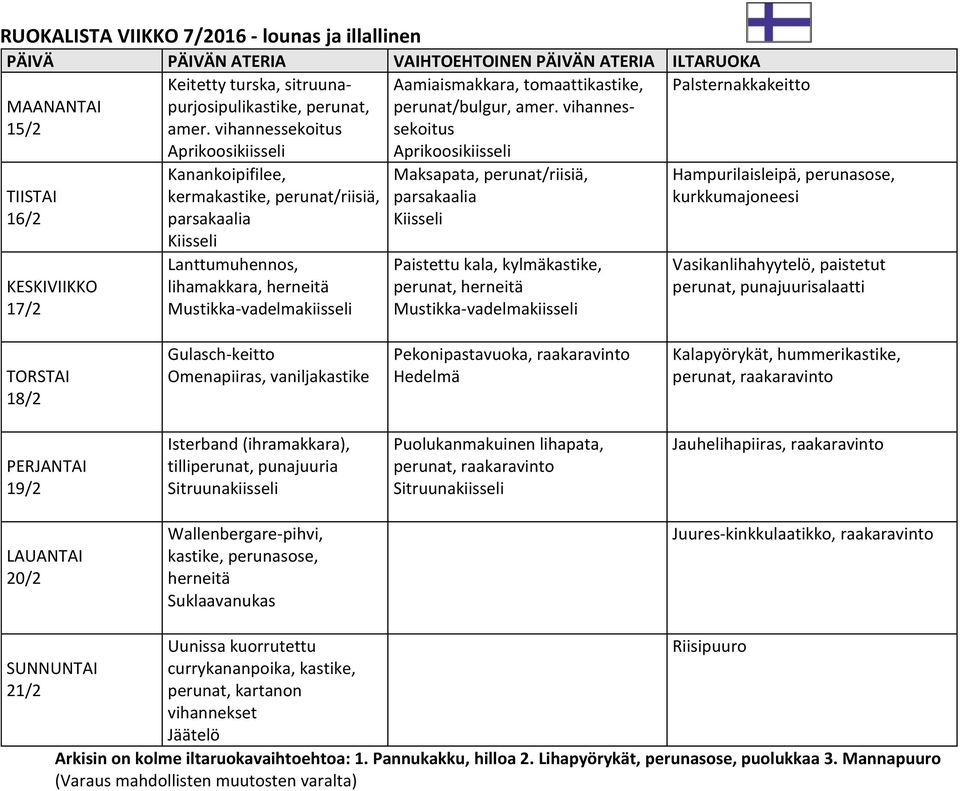 vihannessekoitus Aprikoosikiisseli Palsternakkakeitto 16/2 17/2 Kanankoipifilee, kermakastike, perunat/riisiä, Kiisseli Lanttumuhennos, lihamakkara, Mustikka-vadelmakiisseli Maksapata,