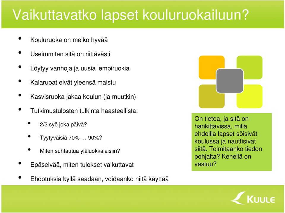 jakaa koulun (ja muutkin) Tutkimustulosten tulkinta haasteellista: 2/3 syö joka päivä? Tyytyväisiä 70% 90%?