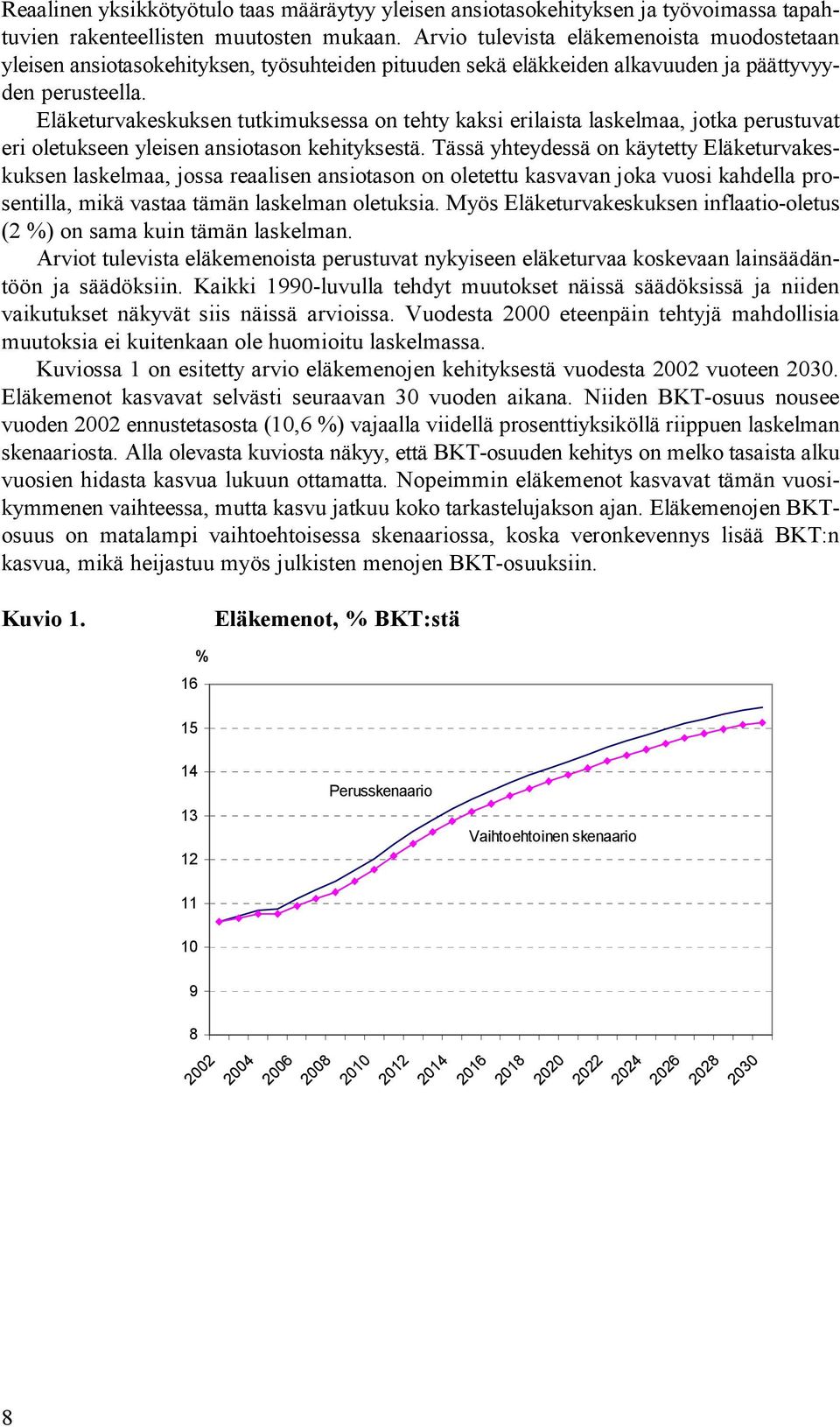 Eläketurvakeskuksen tutkimuksessa on tehty kaksi erilaista laskelmaa, jotka perustuvat eri oletukseen yleisen ansiotason kehityksestä.