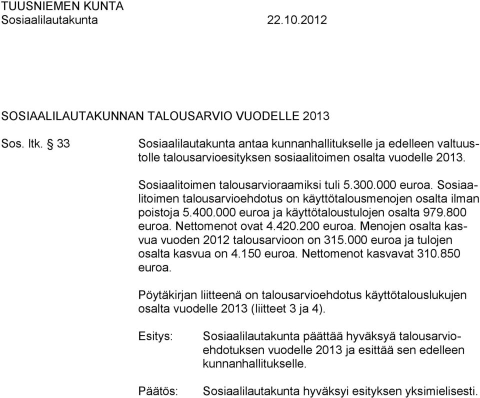 Nettomenot ovat 4.420.200 euroa. Menojen osalta kasvua vuoden 2012 talousarvioon on 315.000 euroa ja tulojen osalta kasvua on 4.150 euroa. Nettomenot kasvavat 310.850 euroa.