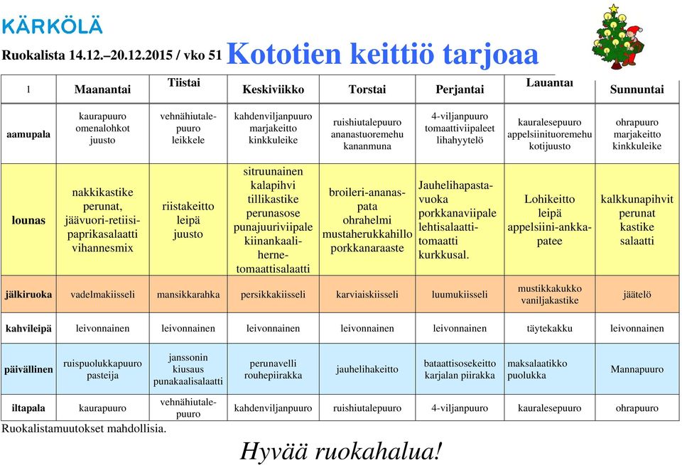 2015 / vko 51 1 Maanantai Tiistai Keskiviikko Torstai Perjantai Lauantai Sunnuntai aamupala kaurapuuro omenalohkot vehnähiutalepuuro leikkele kahdenviljanpuuro marjakeitto kinkkuleike