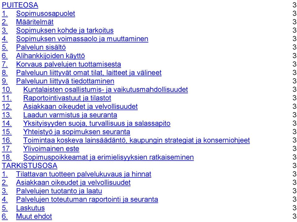 Raportointivastuut ja tilastot 3 12. Asiakkaan oikeudet ja velvollisuudet 3 13. Laadun varmistus ja seuranta 3 14. Yksityisyyden suoja, turvallisuus ja salassapito 3 15.