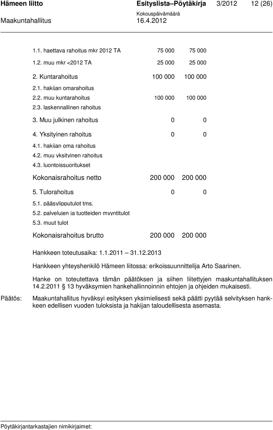 Tulorahoitus 0 0 5.1. pääsylipputulot tms. 5.2. palvelujen ja tuotteiden myyntitulot 5.3. muut tulot Kokonaisrahoitus brutto 200 000 200 000 Hankkeen toteutusaika: 1.1.2011 31.12.