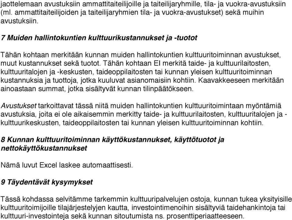 Tähän kohtaan EI merkitä taide- ja kulttuurilaitosten, kulttuuritalojen ja -keskusten, taideoppilaitosten tai kunnan yleisen kulttuuritoiminnan kustannuksia ja tuottoja, jotka kuuluvat asianomaisiin