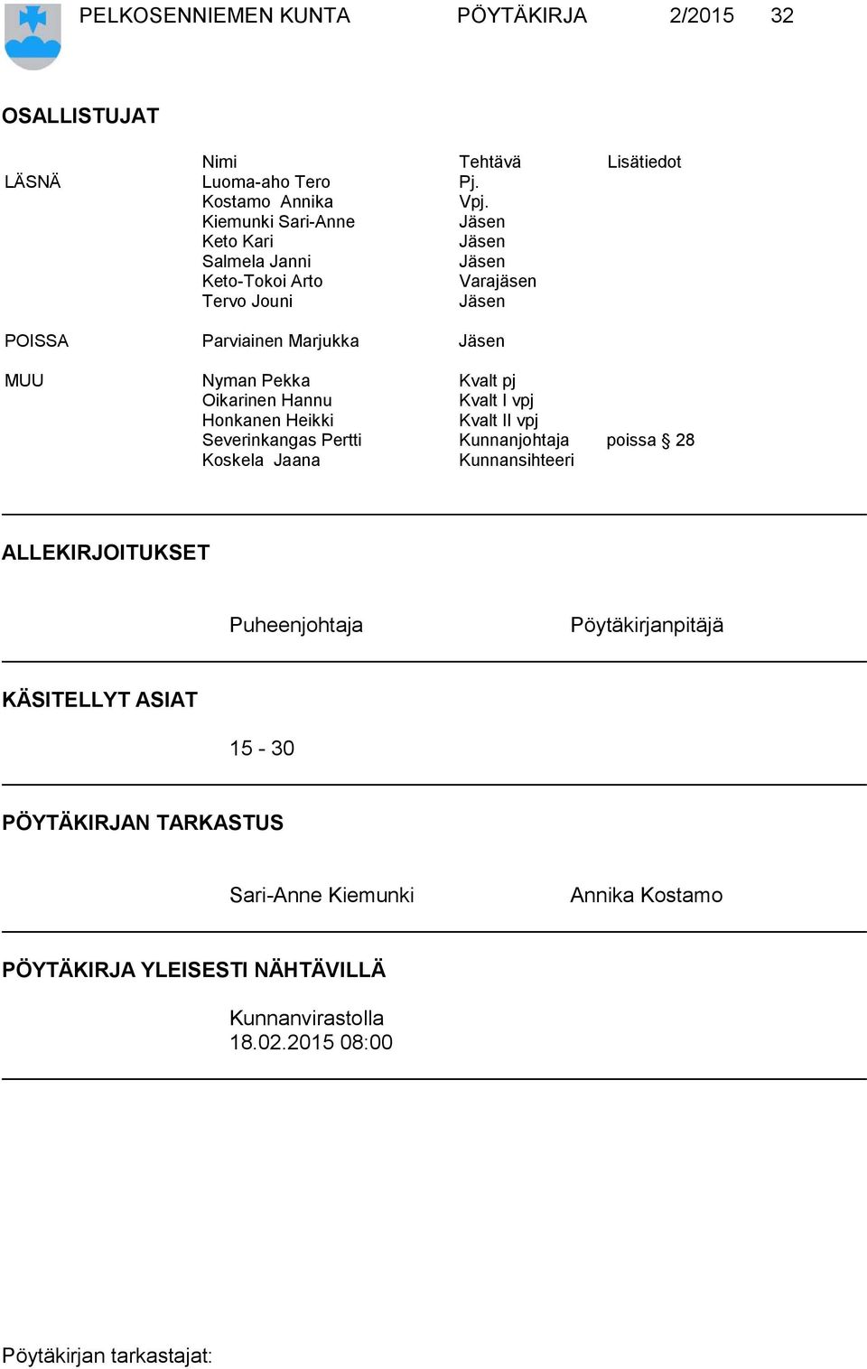 Pekka Kvalt pj Oikarinen Hannu Kvalt I vpj Honkanen Heikki Kvalt II vpj Severinkangas Pertti Kunnanjohtaja poissa 28 Koskela Jaana Kunnansihteeri