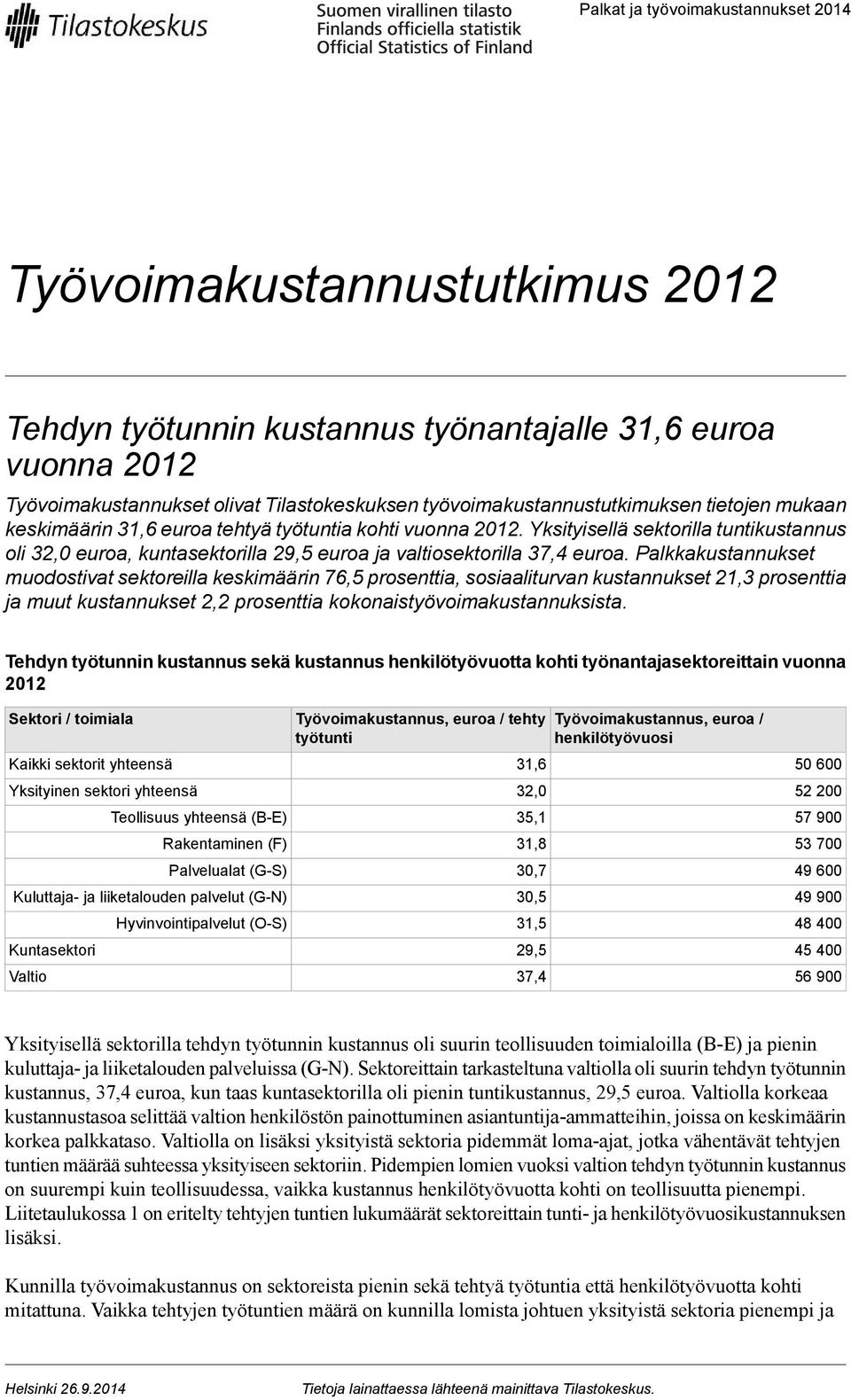 Yksityisellä sektorilla tuntikustannus oli 32,0 euroa, kuntasektorilla 29,5 euroa ja valtiosektorilla 37,4 euroa.