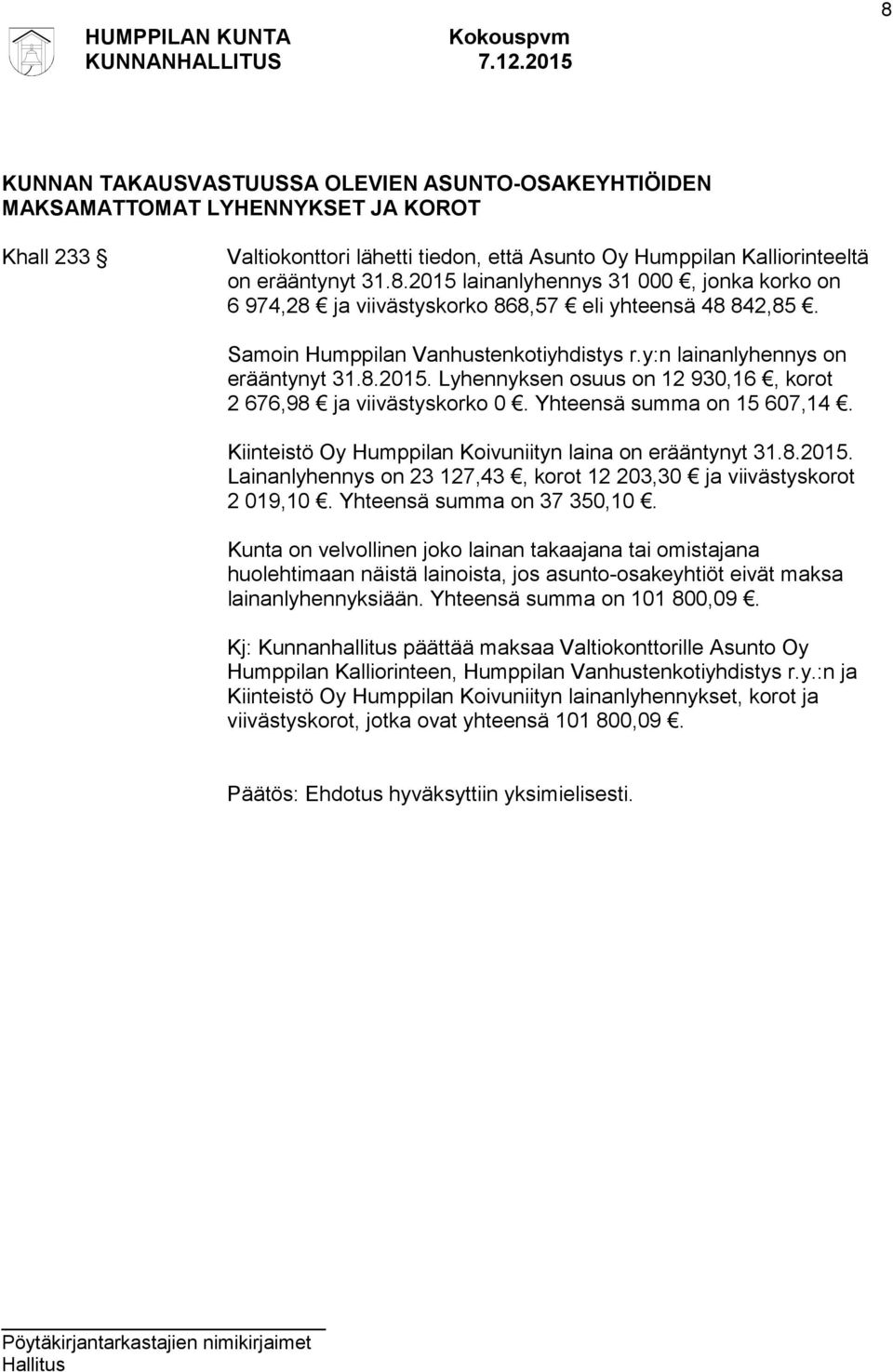 Kiinteistö Oy Humppilan Koivuniityn laina on erääntynyt 31.8.2015. Lainanlyhennys on 23 127,43, korot 12 203,30 ja viivästyskorot 2 019,10. Yhteensä summa on 37 350,10.