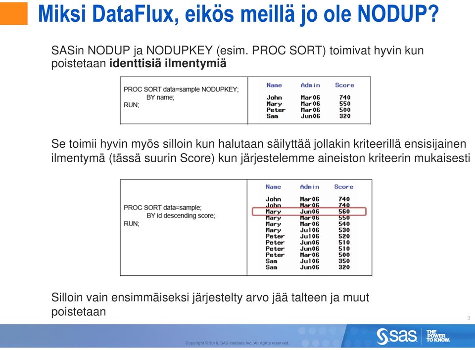 kun halutaan säilyttää jollakin kriteerillä ensisijainen ilmentymä (tässä suurin Score) kun