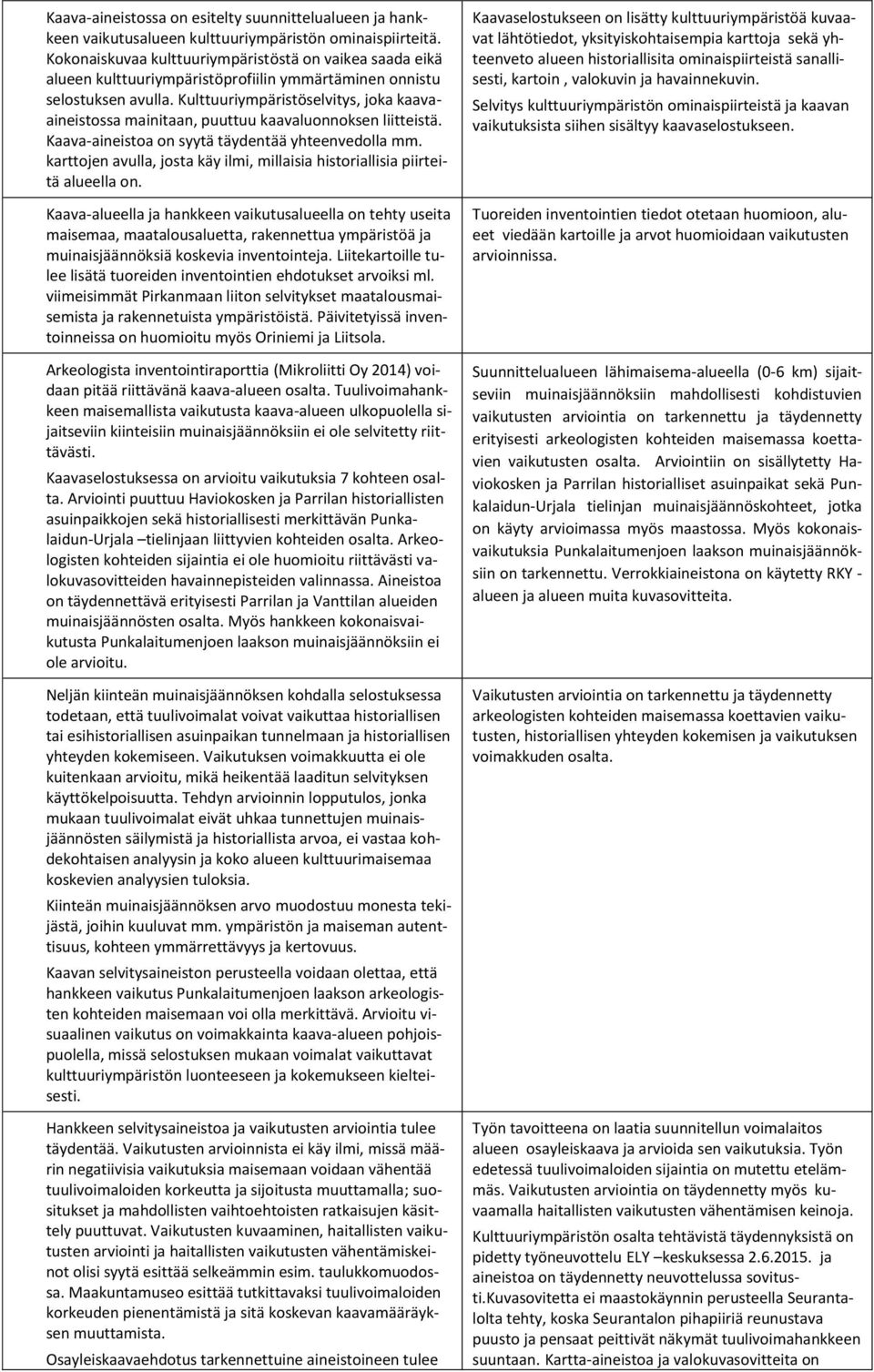 Kulttuuriympäristöselvitys, joka kaavaaineistossa mainitaan, puuttuu kaavaluonnoksen liitteistä. Kaava-aineistoa on syytä täydentää yhteenvedolla mm.